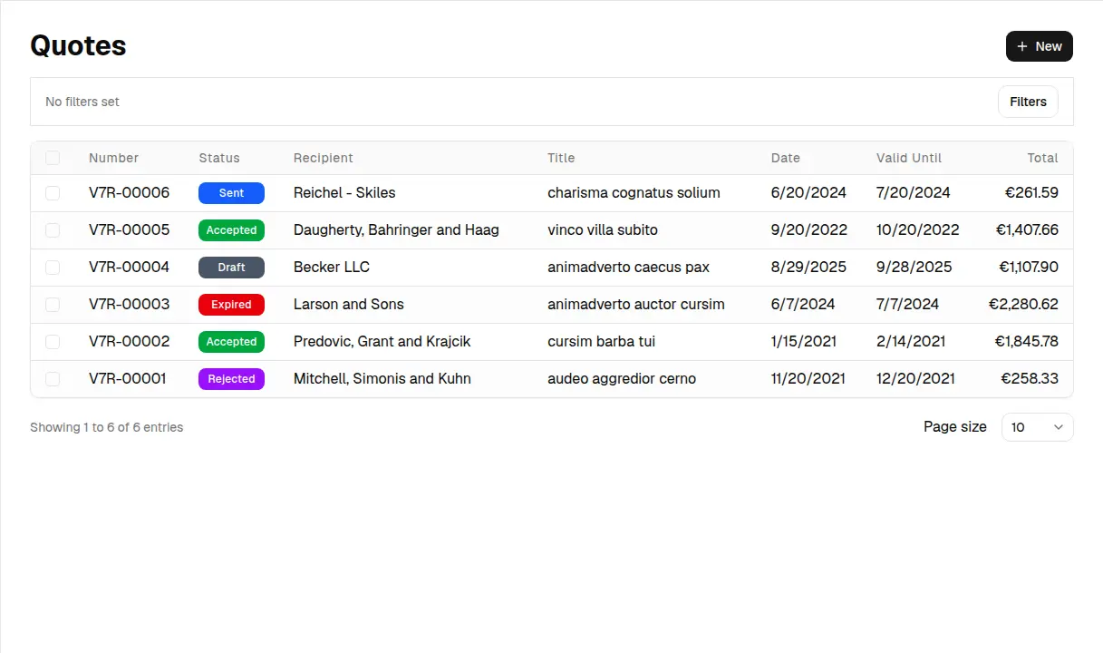 Invoice Master quotes list showing recipients, statuses, dates, and totals